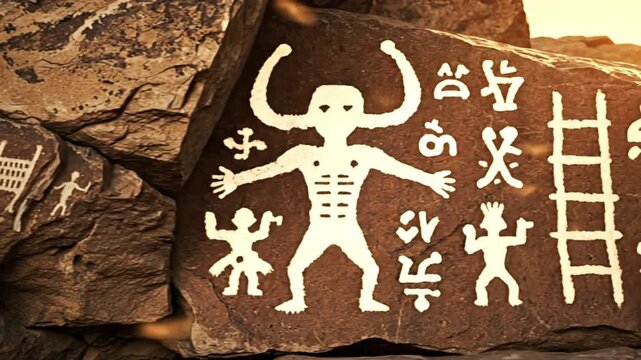 Ancient rock with petroglyphs depicting humanoid figures and symbols.
