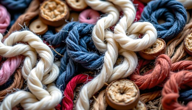 A vibrant collection of rope braids with a variety of colors, including shades of blue, pink, green, beige, and red. The braids are tightly coiled, creating an intricate pattern