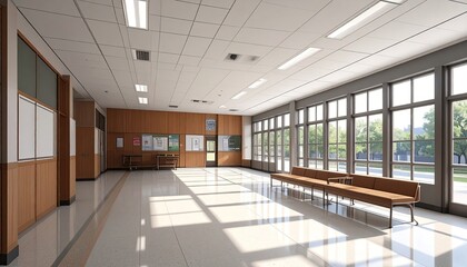 Obraz premium Bright School Hallway with Natural Light and Seating Area