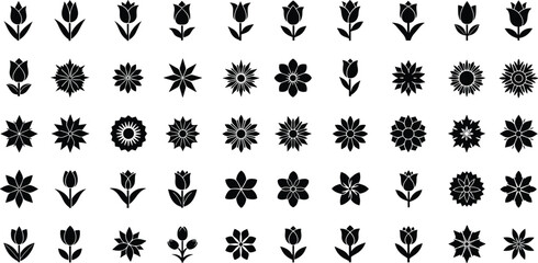 Fototapeta premium Collection of black flower silhouettes including tulips and various floral blooms for spring garden patterns decorative botanical art nature logos and wedding stationery design
