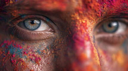 Naklejka premium A close-up of a person's face covered in vibrant colorful powder