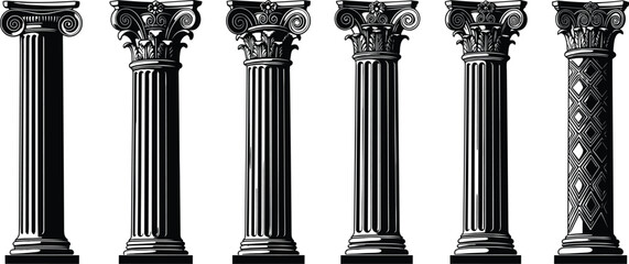 Set of six classic Greek and Roman architectural columns with Corinthian and Ionic capitals featuring ornate floral carvings and fluted shafts in black silhouette.
