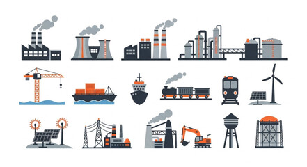 Collection of industrial factory buildings and transportation elements. © Bowo