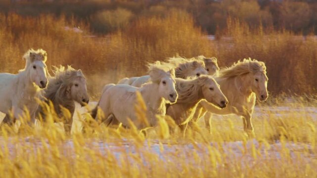 White Mongolian horses gallop across golden winter grasslands of Inner Mongolia, flowing manes glowing in warm sunset light, snow patches and bare trees framing wild freedom.