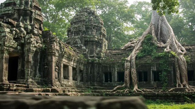 Ancient stone ruins overgrown with large thick tree roots foliage surrounds the structure