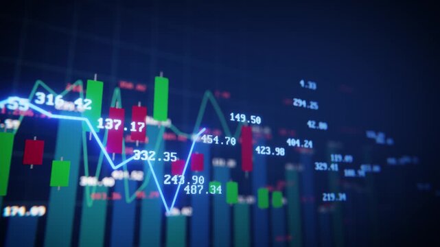 Animated financial chart with candlestick patterns, numbers, and lines showing market trends. Seamless loop