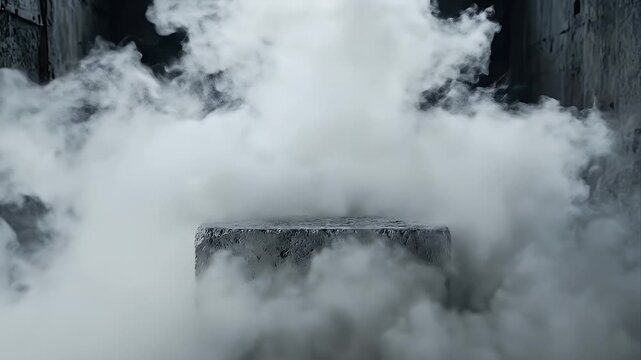 Thick, billowy white smoke rapidly expands and swirls, enveloping the dark, textured background with its opaque clouds. The dynamic vapor creates a mysterious and atmospheric visual, constantly shifti