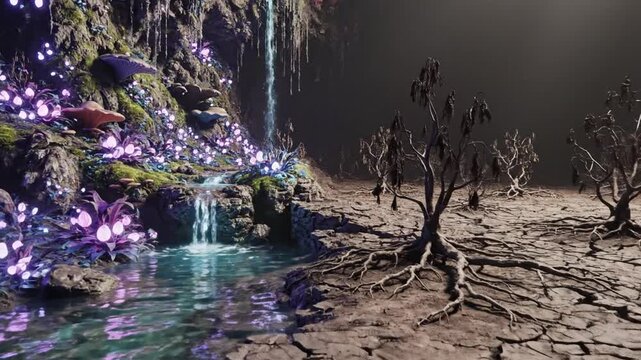 Bioluminescent cavern with glowing purple flora beside a reflective stream and cracked barren landscape