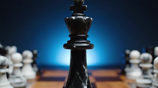 Black Chess King Piece Standing Out on Board.