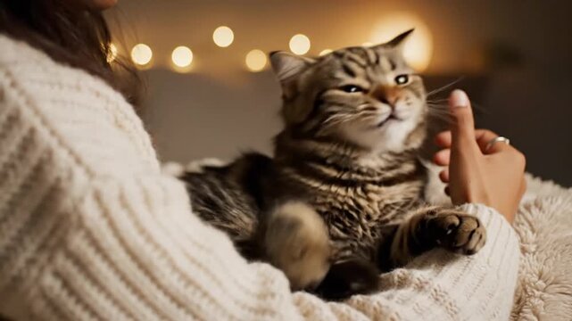 Woman Petting Cat at Home.