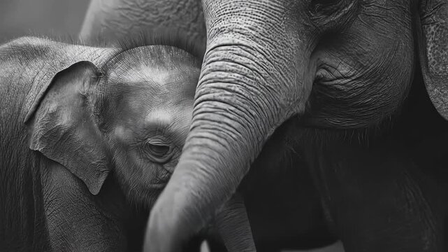 This intimate, monochrome close-up captures the textured skin, powerful trunks, and large ears of magnificent elephants, possibly depicting a gentle interaction between an adult and a younger individu