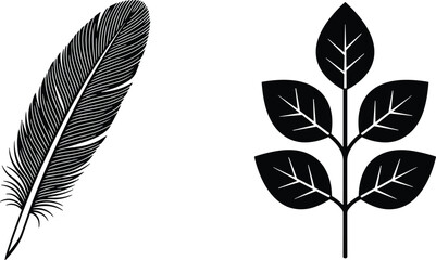 Minimalist feather and leaf icons set, black silhouette botanical elements, nature inspired vector illustration isolated on white background © Nilufa Creative