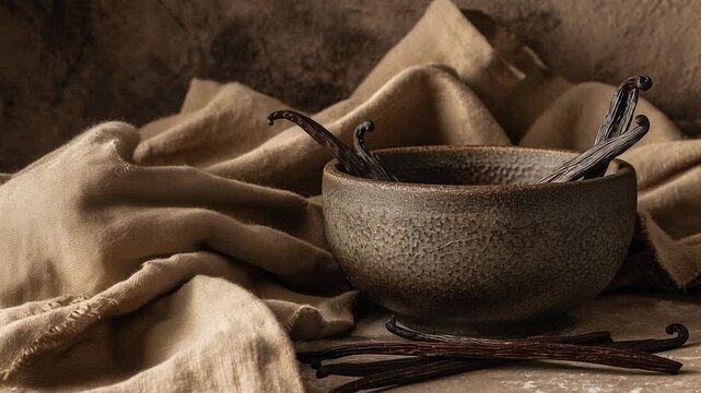 Rustic kitchen food background with vanilla beans, handmade ceramic bowl and linen cloth, earthy tones, soft natural shadows, organic cooking mood, uncluttered scene, commercial food article 