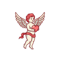 Naklejka premium A whimsical depiction of a cherubic angel with red hair and wings spreading joyfully.