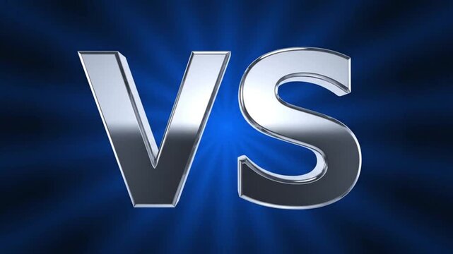 A powerful 3D render displays the bold, metallic letters "VS" prominently against a dramatic blue background with radiating light beams. The reflective chrome texture of the letters gives a sleek, mod