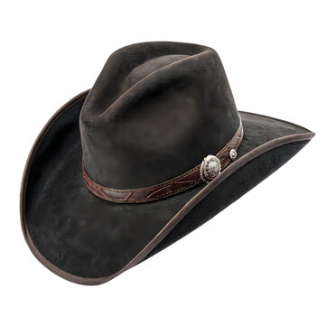 Classic black leather cowboy hat with decorative silver concho band and wide brim on transparent background