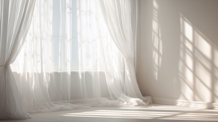 柔らかい光が差し込む白いカーテンの窓辺。インテリアや背景素材に適したシンプルな空間
