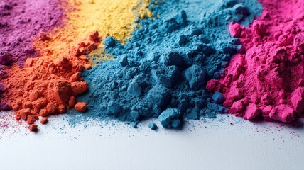 鮮やかな色粉のクローズアップ。ホーリー祭やカラーフェスの背景に使える高彩度テクスチャ素材。
