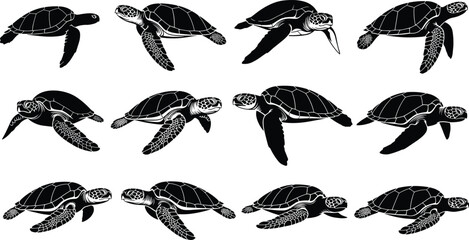 Obraz premium Sea Turtle Silhouette Set Marine Reptile Swimming Poses Ocean Wildlife Vector Illustration