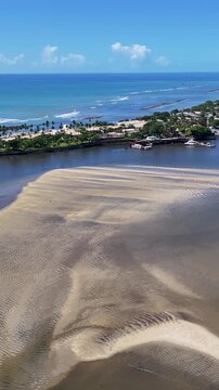 Porto Seguro Skyline At Porto Seguro In Bahia Brazil. Beach Landscape. Beautiful Coastline. Travel Destination. Porto Seguro Skyline In Porto Seguro In Brazil. Mangrove Sand Bank. Brazil Northeast.