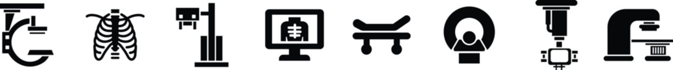 Fototapeta premium X ray machine medical equipment icon set collection group in black flat style featuring radiology, scanner, imaging, diagnostic, hospital technology and healthcare synonym elements for clinic design