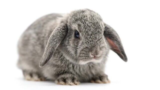 A gray lop-eared bunny on white. Its fur is soft, eyes dark.  It is looking ahead