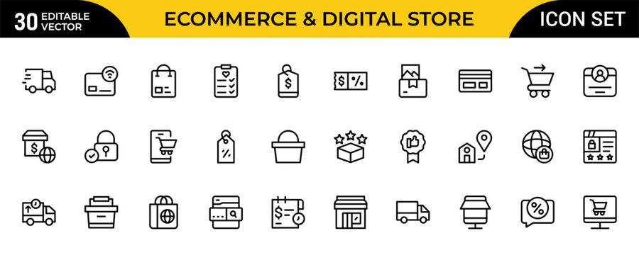Ecommerce and Digital Storefront Line Icon Set. Online Shopping, Retail and Marketplace Outline Icons, Editable Stroke, Pixel Perfect Vector