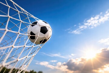 A Soccer Ball Nestled in the Net Against a Stunning Sunset Sky, Capturing the Essence of the Game and its Spirit of Competition