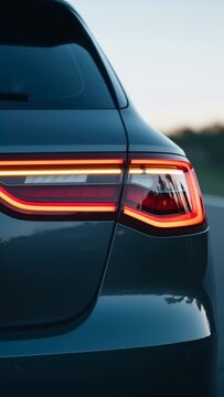 Close-Up of Modern Car Tail Light Illuminated at Dusk