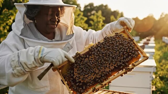 African American female beekeeper in protective gear inspects honeycomb frame filled with bees in a sunny apiary surrounded by beehives and greenery