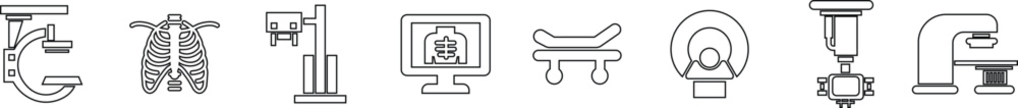 X ray machine medical equipment icon set collection group in black line style featuring radiology, scanner, imaging, diagnostic, hospital technology and healthcare synonym elements for clinic design