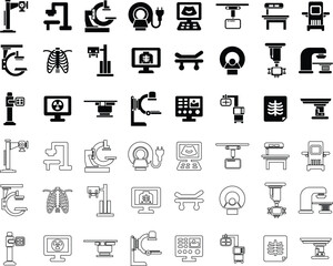 X ray machine medical equipment icon set collection group in black flat line style featuring radiology, scanner, imaging, diagnostic, hospital technology and healthcare synonym elements for clinic des