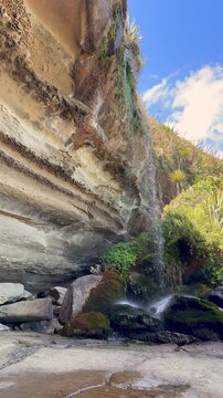 Waterfall over layered limestone formations at Truman Track, Punakaiki, West Coast of New Zealand. Natural ambient water sound.