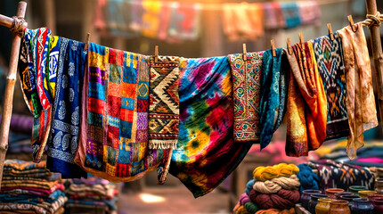 Fototapeta premium Vibrant Symphony of Traditional Batik and Hand-Dyed Textiles Hanging in a Sunlit Artisanal Workshop