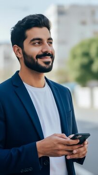 Young Man in Blue Blazer Texting on Smartphone Outdoors, Smiling and Looking Away