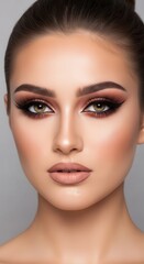 Woman displays flawless skin with dramatic smoky eye makeup and nude lips