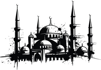 Fototapeta premium Stylized Mosque Silhouette with Minarets, Abstract Islamic Architecture Ink Illustration, Expressive Mosque Skyline Graphic, vector, illustration, silhouette.