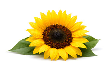 Fototapeta premium Vibrant yellow sunflower bloom with green leaves isolated on white background, symbolizing summer, happiness, and natural beauty.