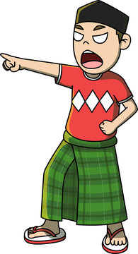 Set of Muslim Boy Cartoon Character with Different Expressions and Poses Wearing Songkok and Sarung