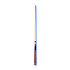 Billiard cue stick with wood handle and blue tip on white background