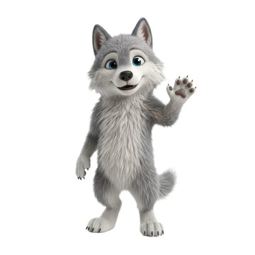 A cute, photorealistic 3d animated wolf mascot with shaggy gray and white fur and large blue eyes, standing on a shadowless white background, cheerful advertising mascot concept