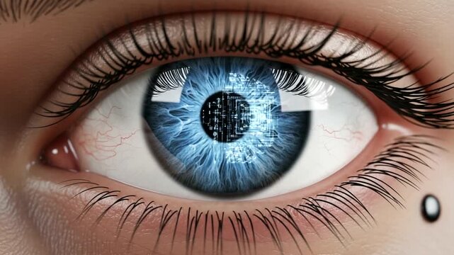 Close-up of an eye reflecting a futuristic cityscape