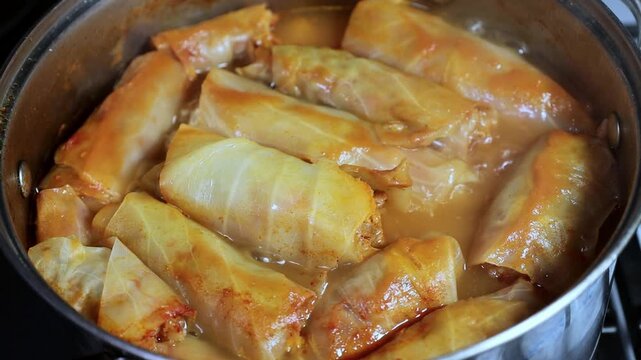 Cabbage rolls are cooked in a saucepan 4k close-up video