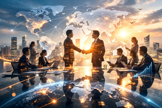Corporate executives shaking hands during meeting with city skyline overlay, symbolizing partnership, teamwork, and global business success.