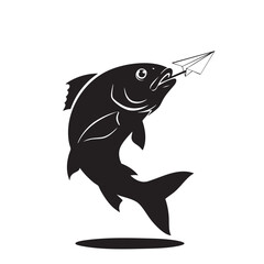 Black and white illustration of a jumping fish caught on a lure