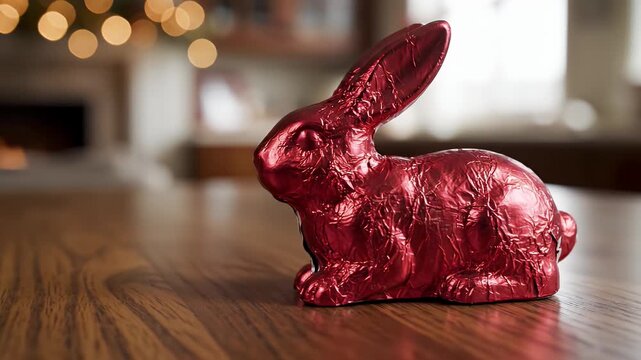 Red metallic Easter bunny figurine on a wooden table indoors.