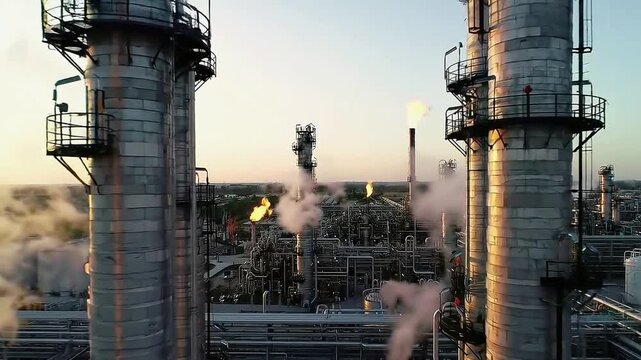 Aerial Drone Flight Through Oil Refinery at Golden Hour with Distillation Towers Pipes and Steam Vents in 8K
