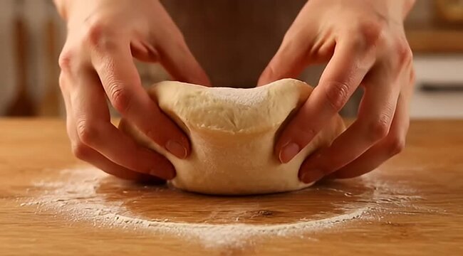 Hands kneading soft dough on wooden surface, baking preparation, culinary process, homemade bread making