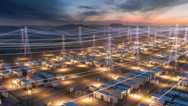 Large-scale energy storage facility at dusk, rows of grid-scale battery containers stretching into the distance, illuminated transmission towers linking multiple sites, subtle overlay of mineral 
