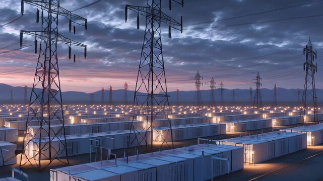 Large-scale energy storage facility at dusk, rows of grid-scale battery containers stretching into the distance, illuminated transmission towers linking multiple sites, subtle overlay of mineral 